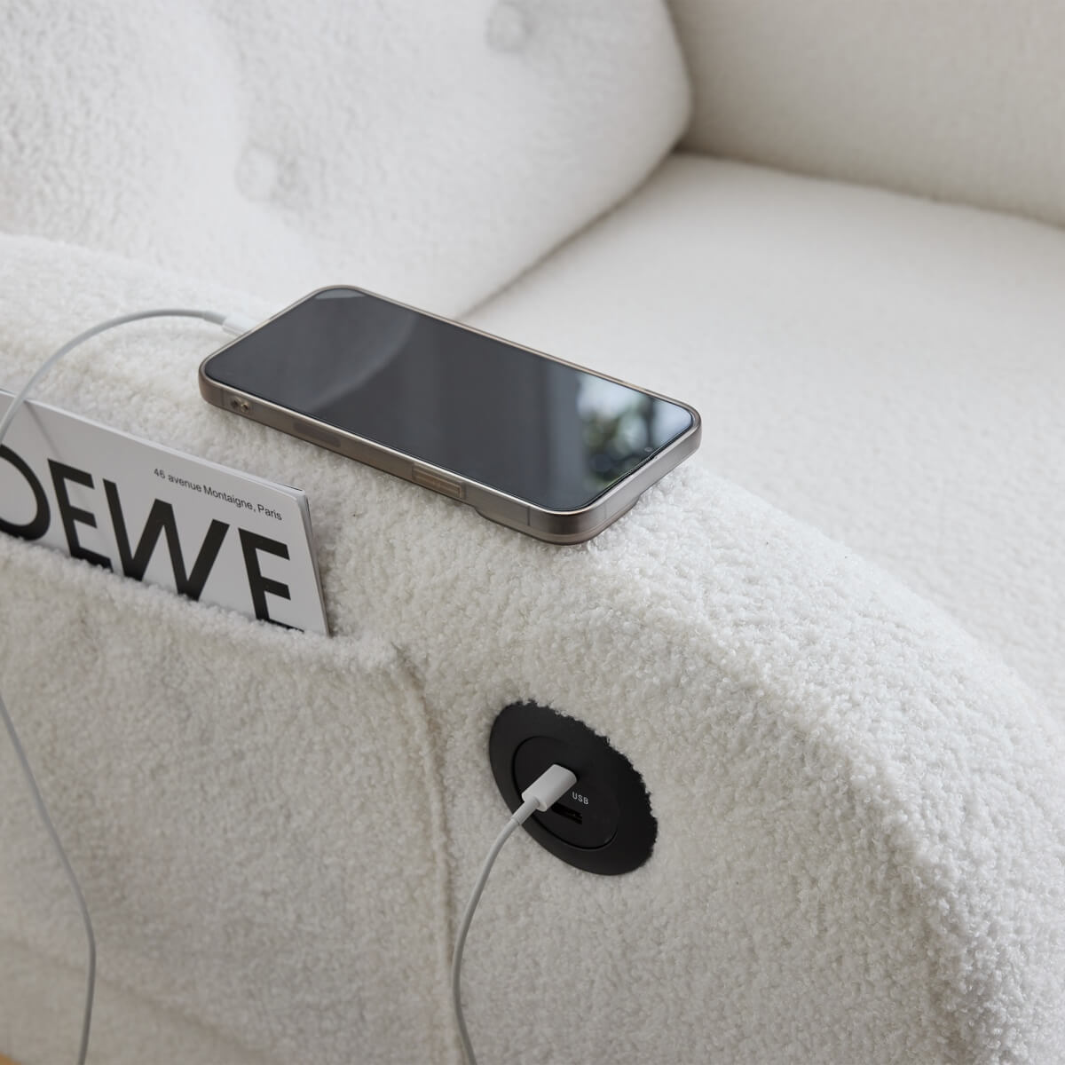 Rocking Chair with USB Charging Ports - Teddy Fabric Nursing Chair with Adjustable Footrest, Side Pocket for Nursery, Living Room & Bedroom, White