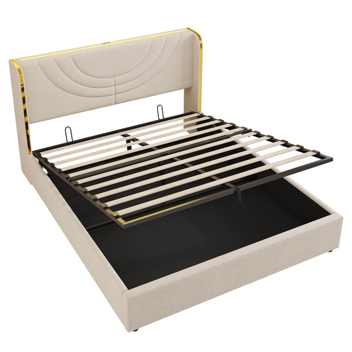 4ft6 Double Upholstered Bed Frame - Hydraulic Storage, LED Headboard with USB Charging, Beige Linen