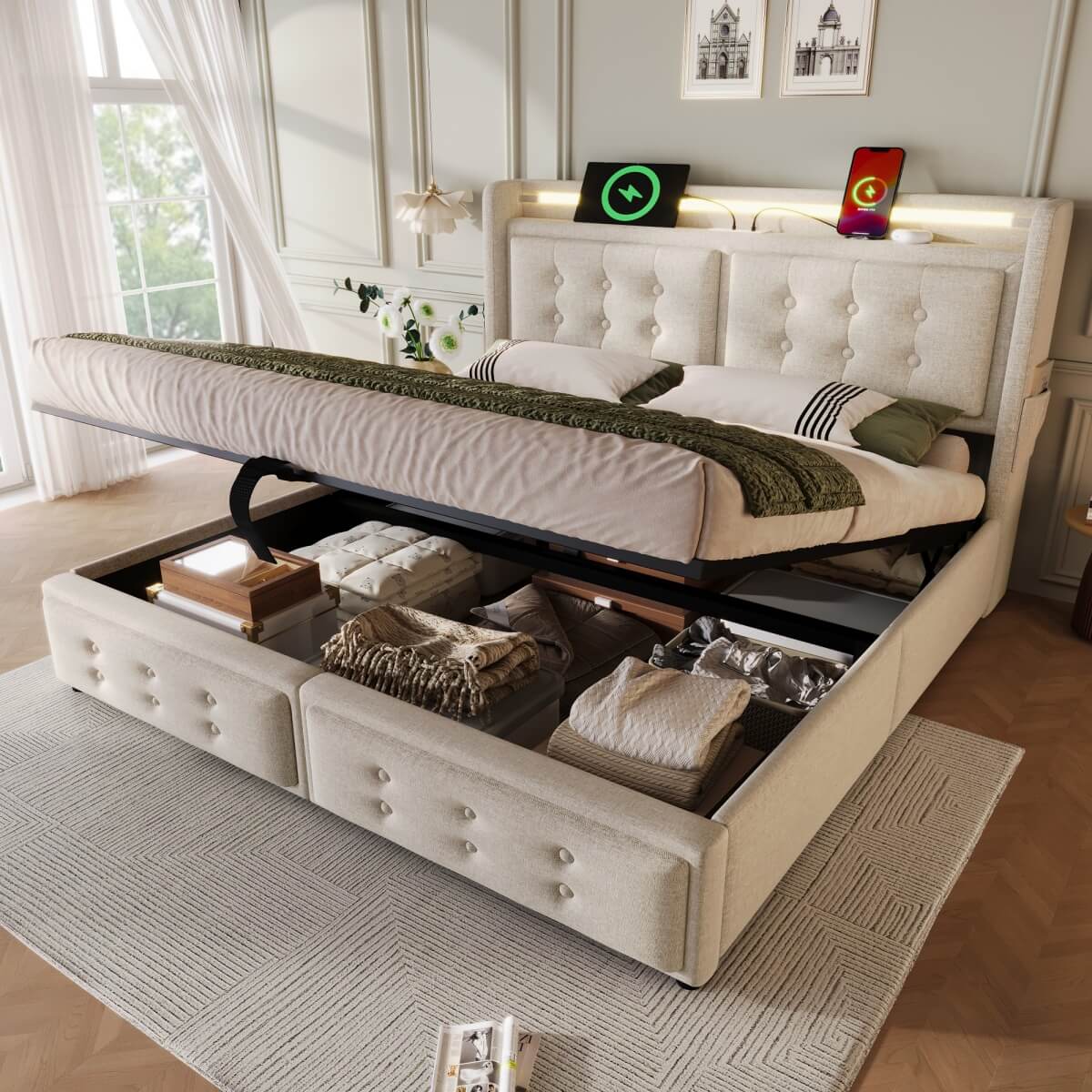 5ft King Upholstered Storage Bed - Hydraulic Bed Frame with LED Headboard, USB & Type-C Charging, Linen, Beige