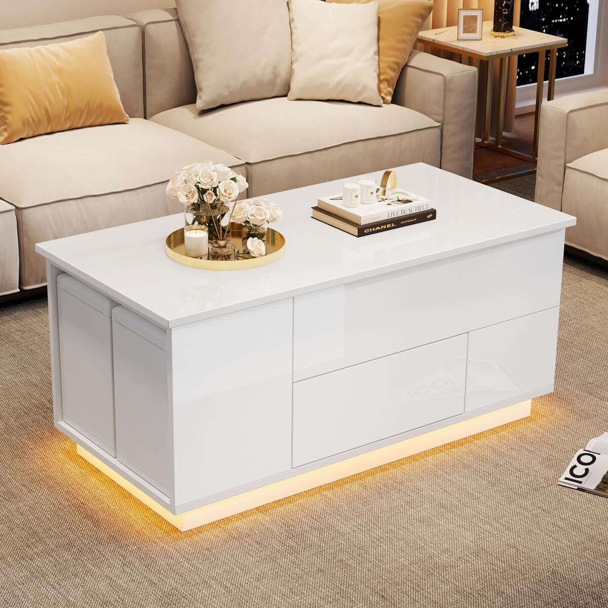 4 in 1 LED Coffee Table - Height Adjustable High Gloss Table with Storage, Drawers and 2 Stools