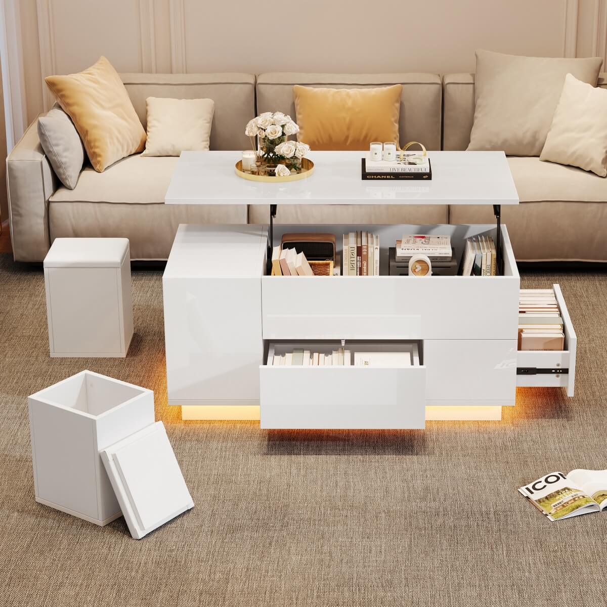4 in 1 LED Coffee Table - Height Adjustable High Gloss Table with Storage, Drawers and 2 Stools