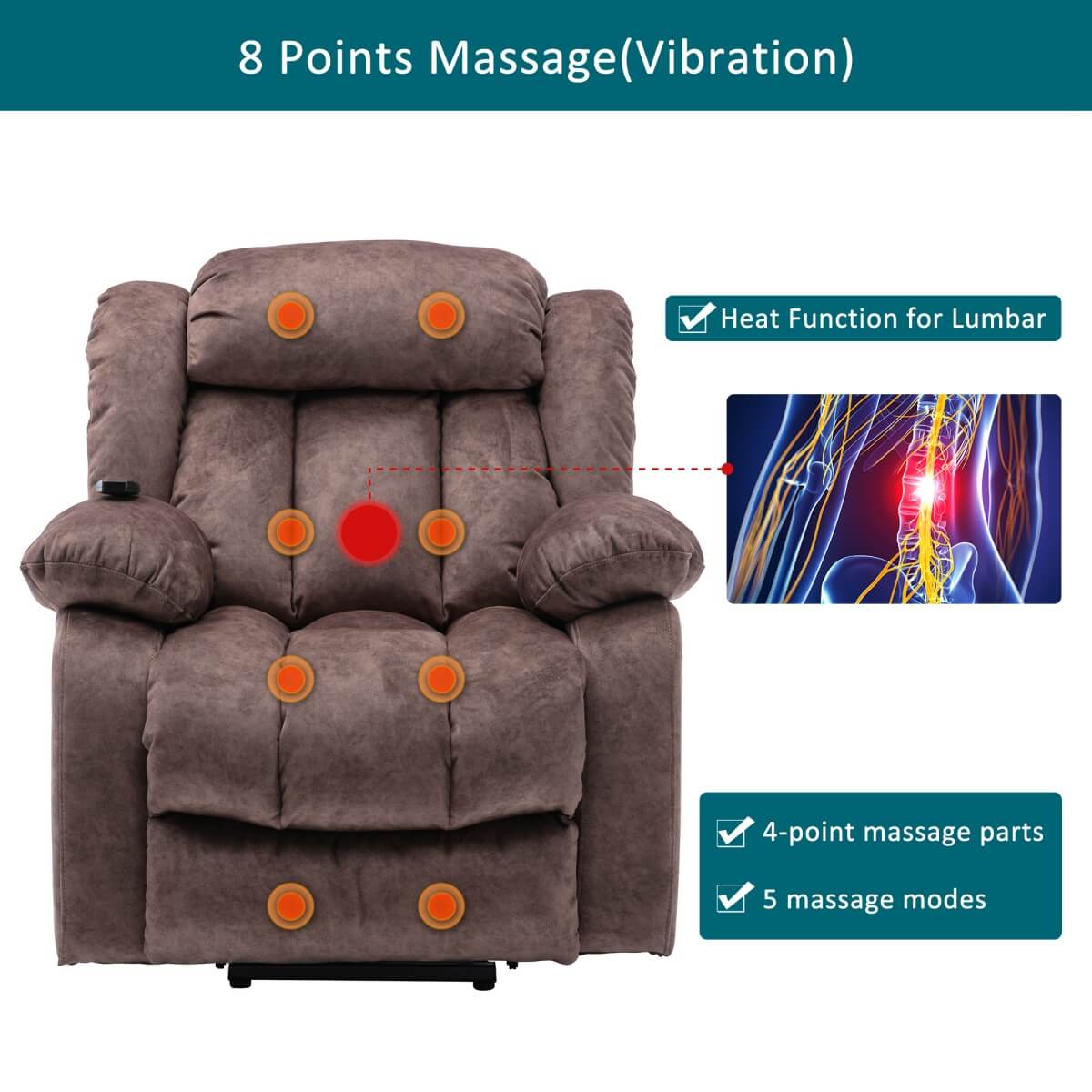 Power Lift Recliner Chair with Heat & Vibration - Overstuffed Fabric Reclining Chair for Elderly