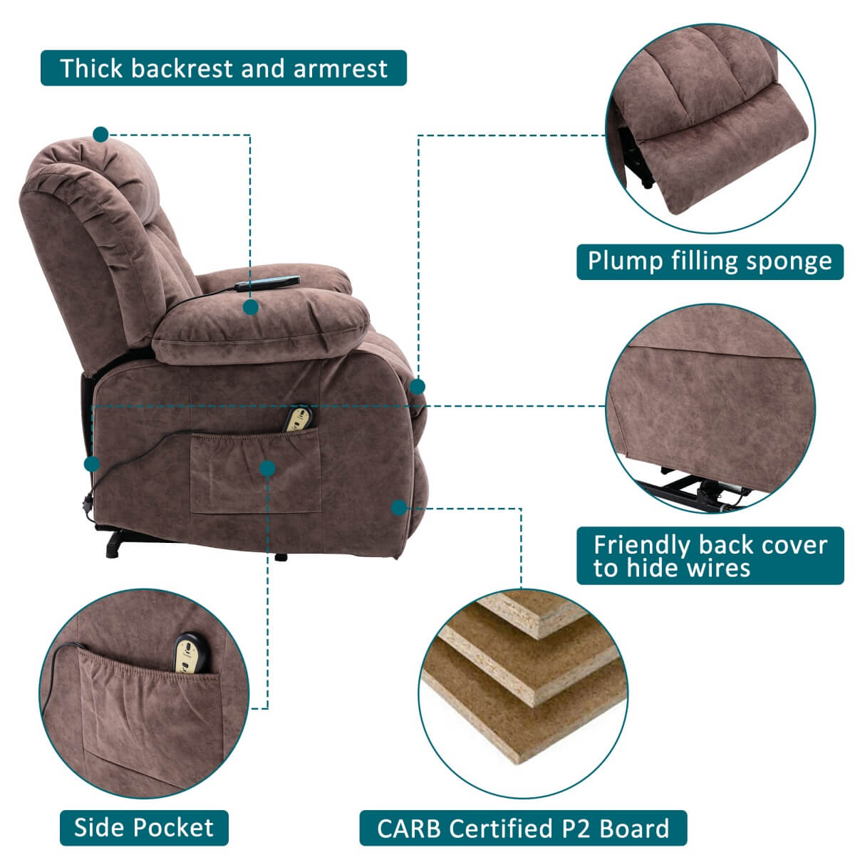 Power Lift Recliner Chair with Heat & Vibration - Overstuffed Fabric Reclining Chair for Elderly