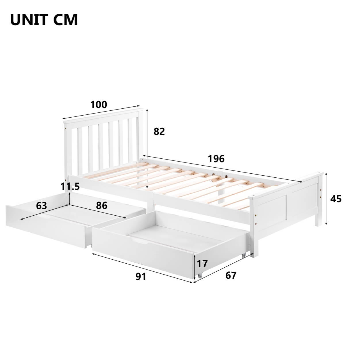3FT Single Wooden Storage Bed - Solid Pine Bed Frame with Drawers