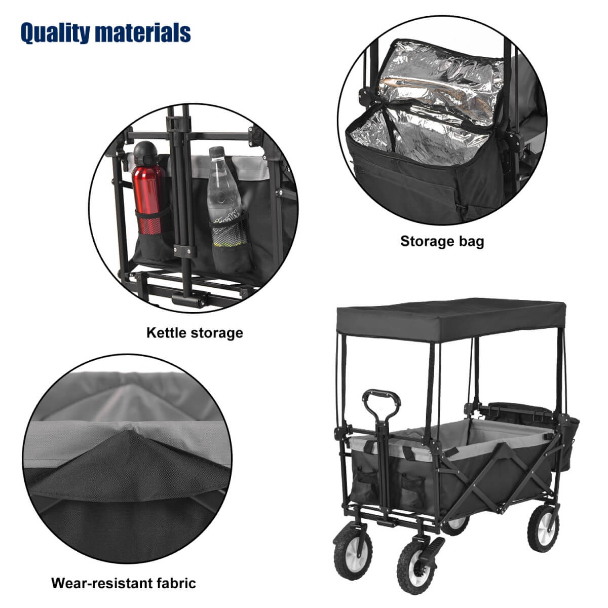 Garden Cart with Removable Canopy – Foldable 4-Wheel Trolley Wagon with Cooler Bag, Front Cup Holder and Push Pull Handle