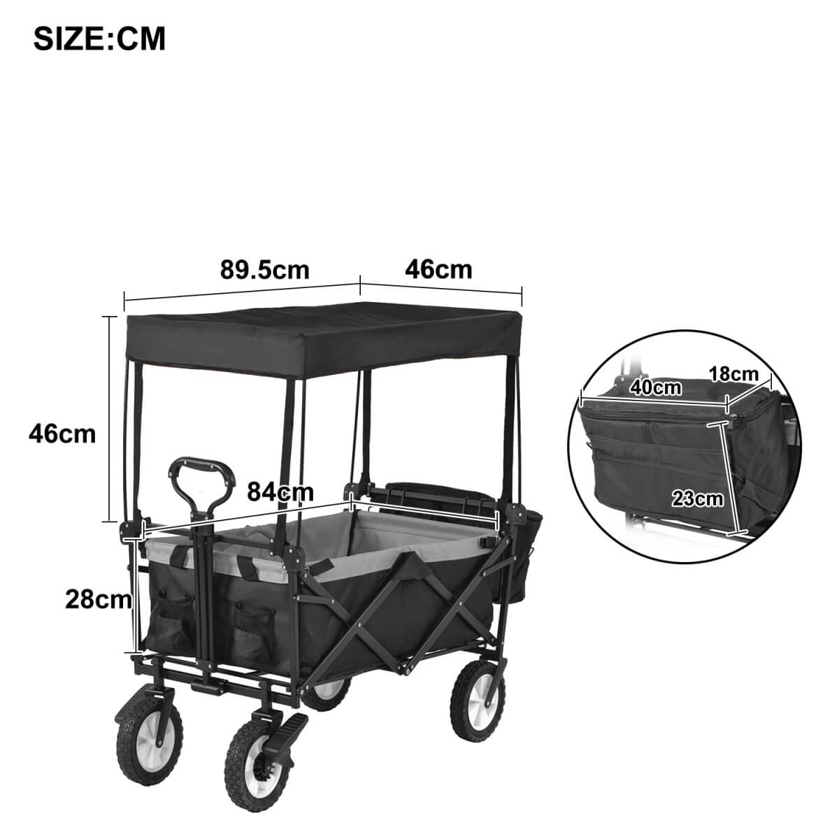 Garden Cart with Removable Canopy – Foldable 4-Wheel Trolley Wagon with Cooler Bag, Front Cup Holder and Push Pull Handle