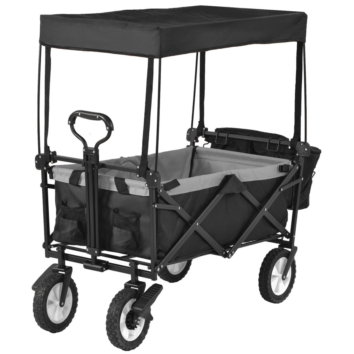 Garden Cart with Removable Canopy – Foldable 4-Wheel Trolley Wagon with Cooler Bag, Front Cup Holder and Push Pull Handle