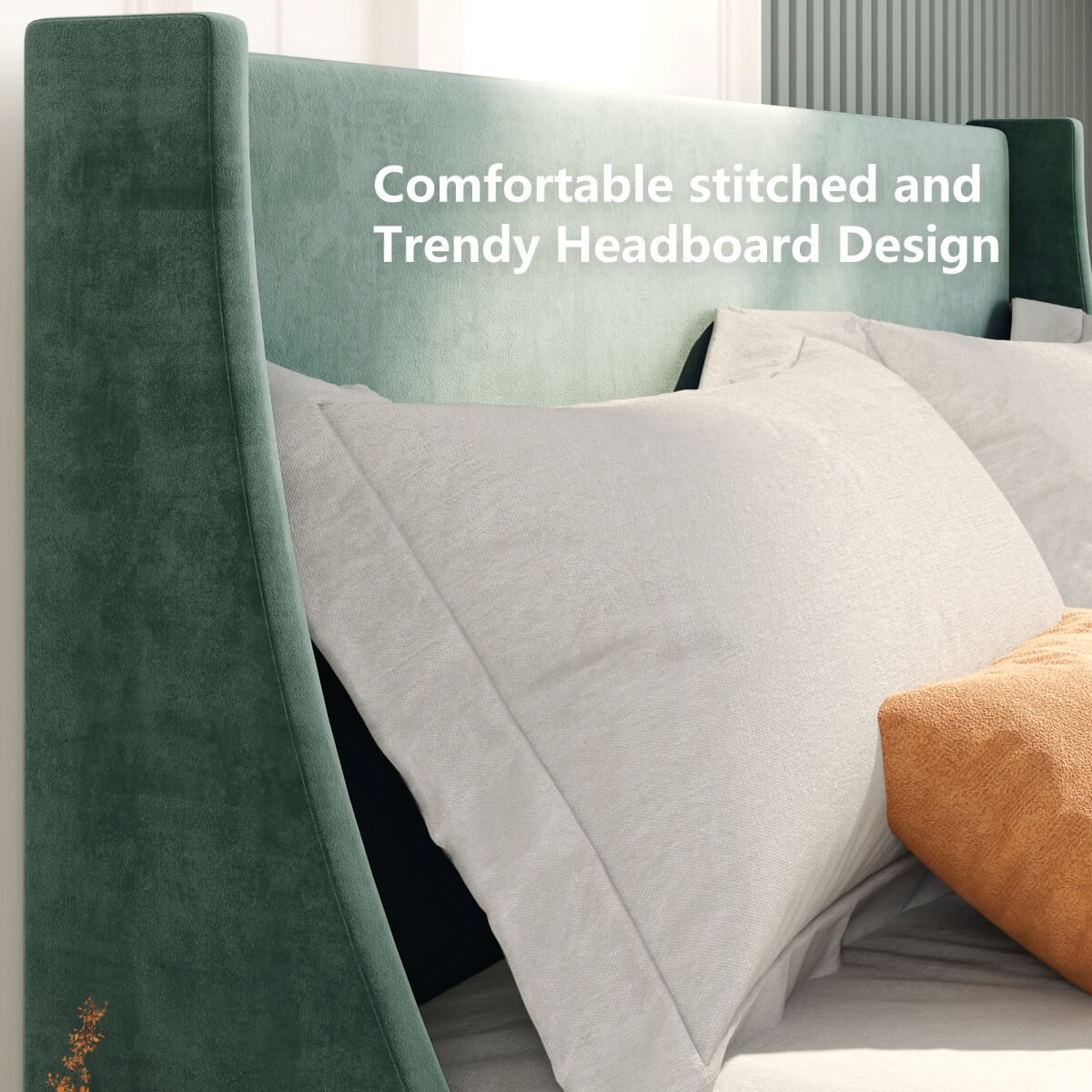4ft6 Double Velvet Bed Frame - Winged Upholstered Headboard, Dark Green