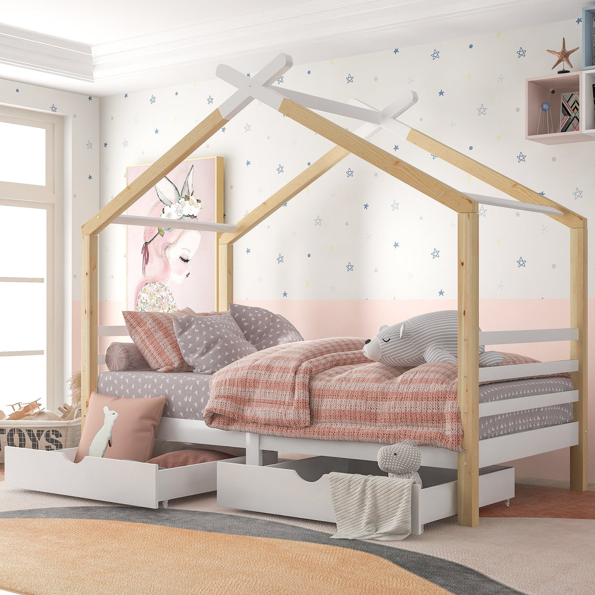 Kids Single Bed Frame with Under-Bed Storage, 3FT, Solid Pine Wood