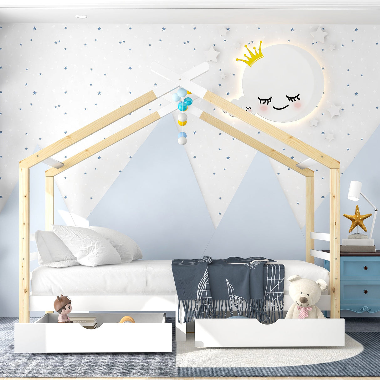 Kids Single Bed Frame with Under-Bed Storage, 3FT, Solid Pine Wood