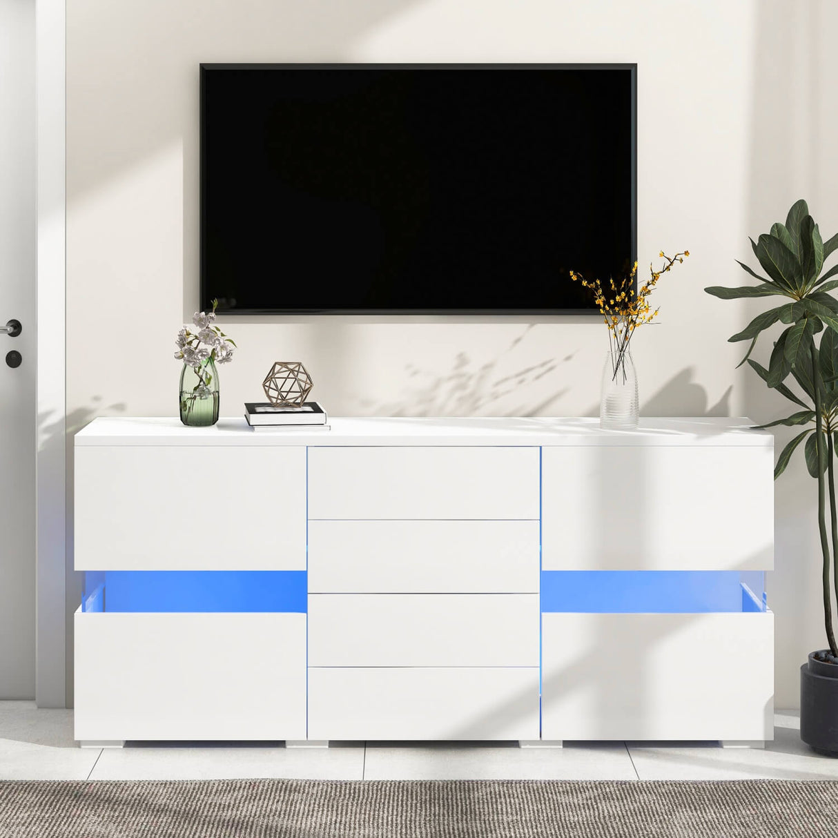 White High Gloss & Matt Sideboard Cabinet — LED Storage Unit for Dining Room & Living Room