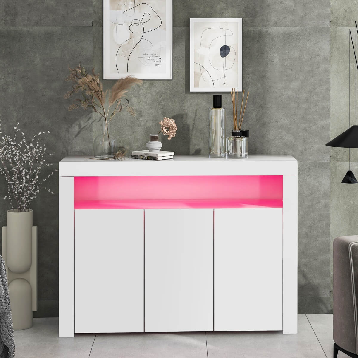 High Gloss White Sideboard Cabinet with LED – Modern 3-Door Buffet Storage Unit for Kitchen, Living Room, Dining Room & Hallway