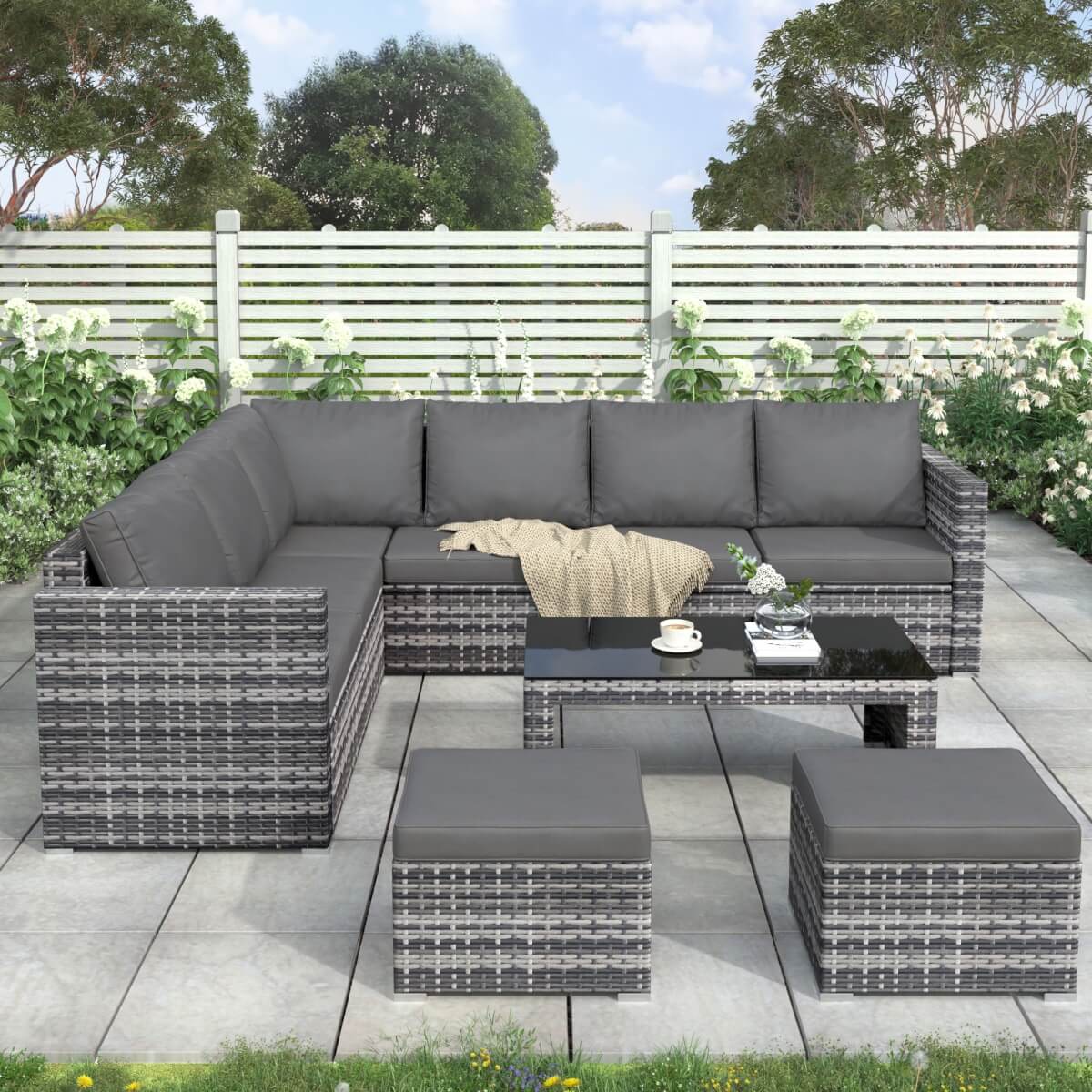 Garden Corner Rattan Sofa Set — Outdoor Furniture with Coffee Table & 2 Stools