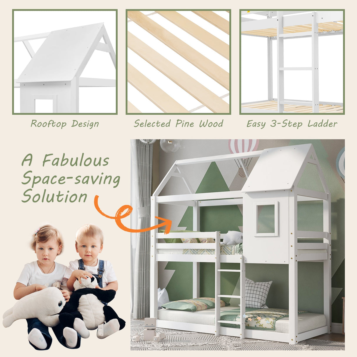 Bunk Bed, Children Cabin Bed, Single Bed for Kids, Twin Sleeper, 3FT, Solid Pine Wood, White