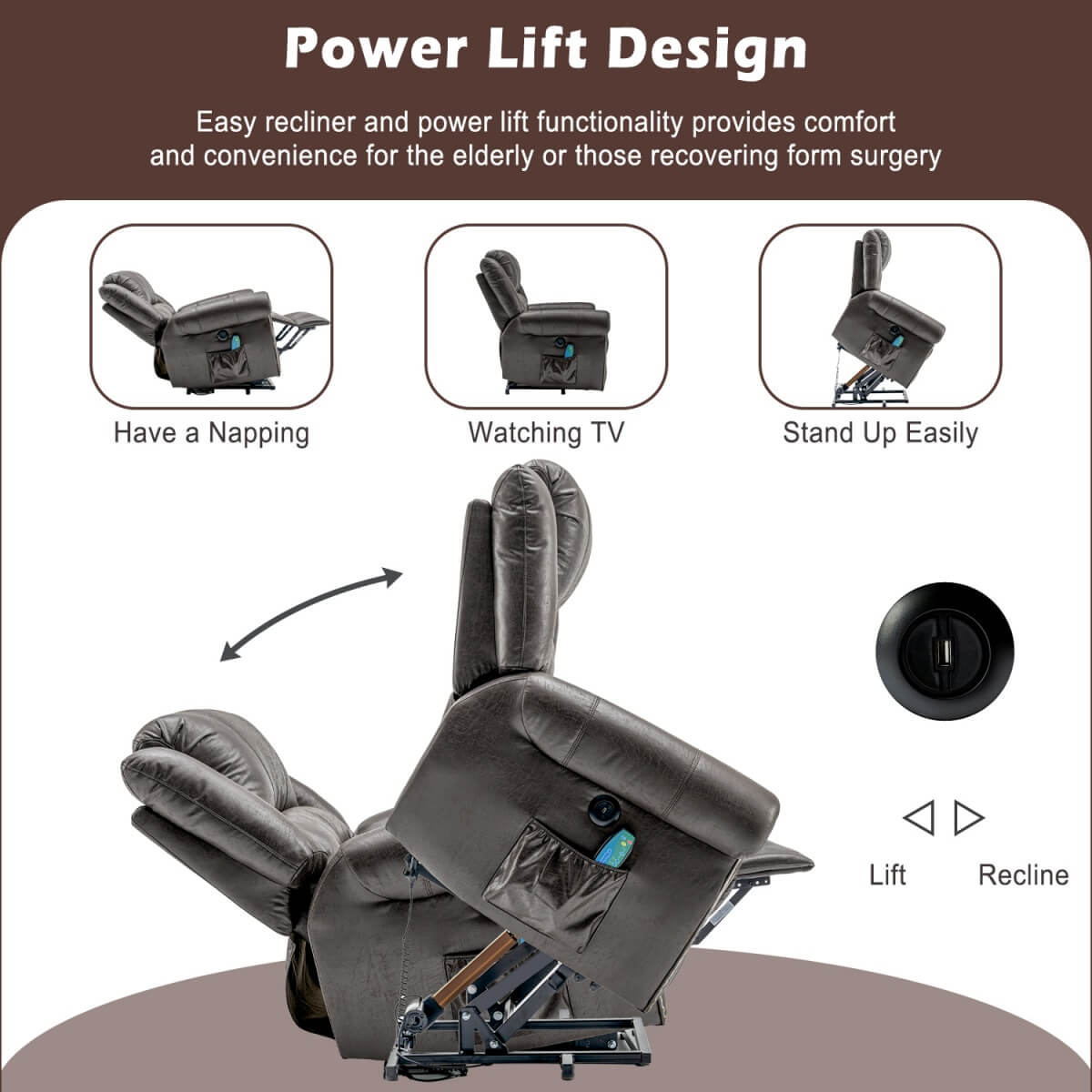 Heavy Duty Power Lift Recliner – Electric Massage and Heat Chair with USB Port for Elderly
