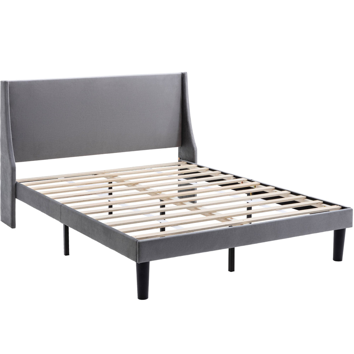 Double Bed Velvet Grey 4FT6 Upholstered Bed with Winged Headboard, Wood Slat Support