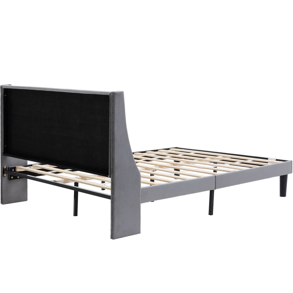 Double Bed Velvet Grey 4FT6 Upholstered Bed with Winged Headboard, Wood Slat Support