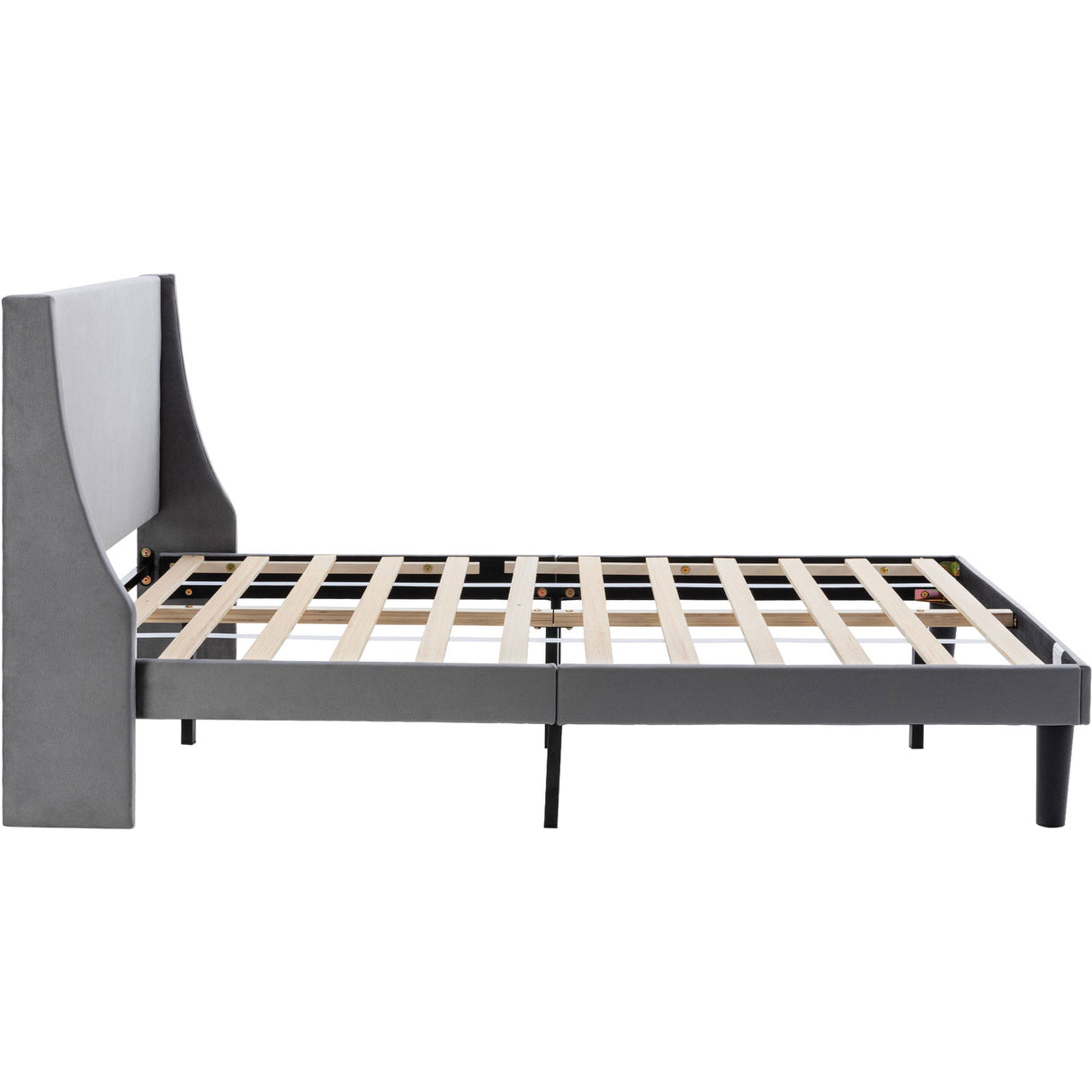 Double Bed Velvet Grey 4FT6 Upholstered Bed with Winged Headboard, Wood Slat Support