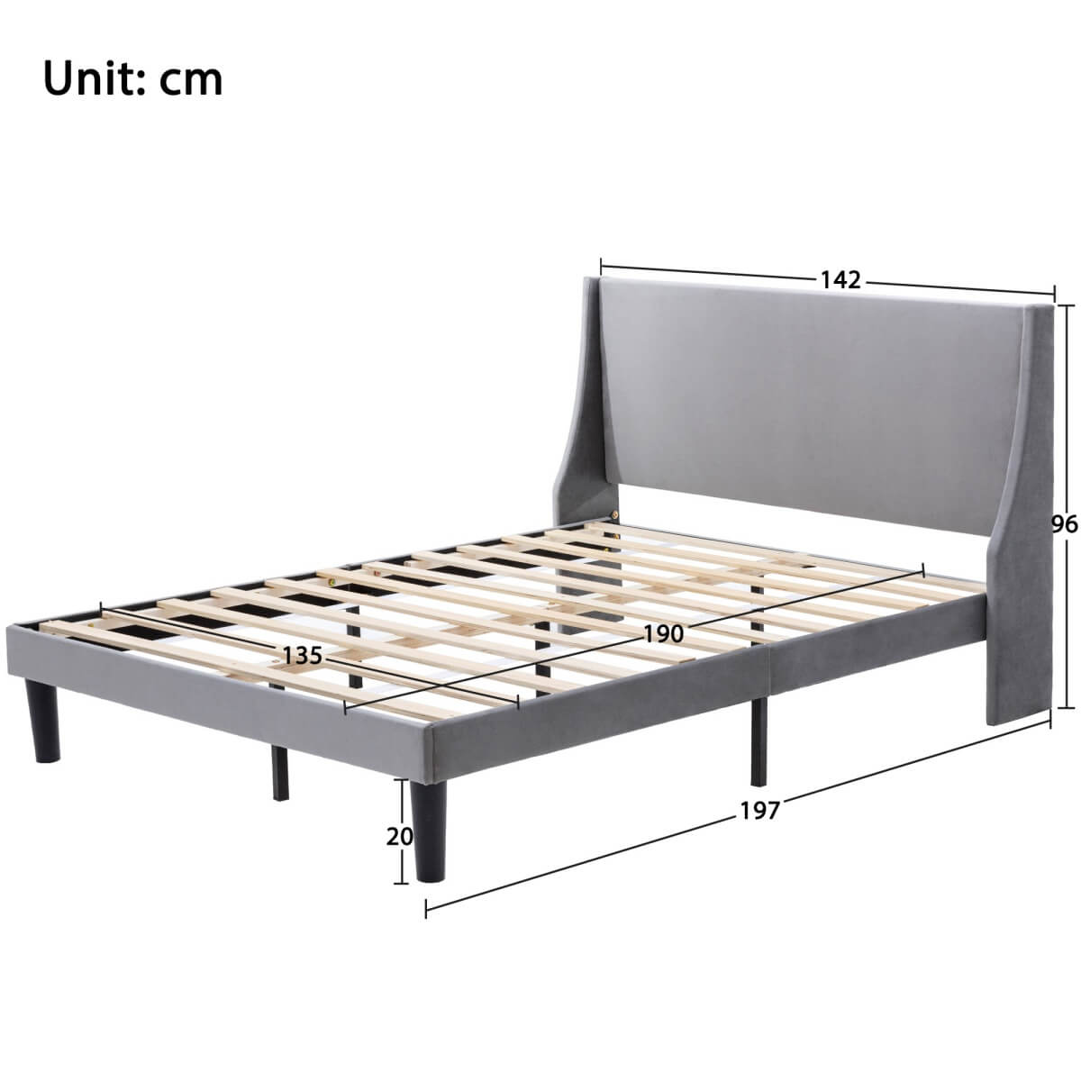 4ft6 Double Velvet Bed Frame - Winged Upholstered Headboard, Grey