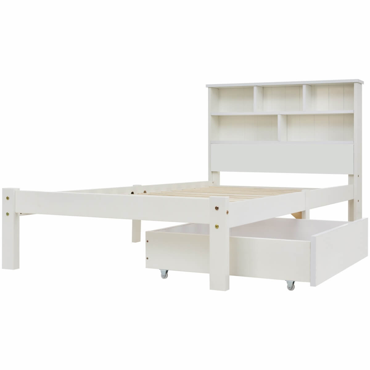 3FT Single Storage Bed with Shelves - White Wooden Bed Frame with Drawer