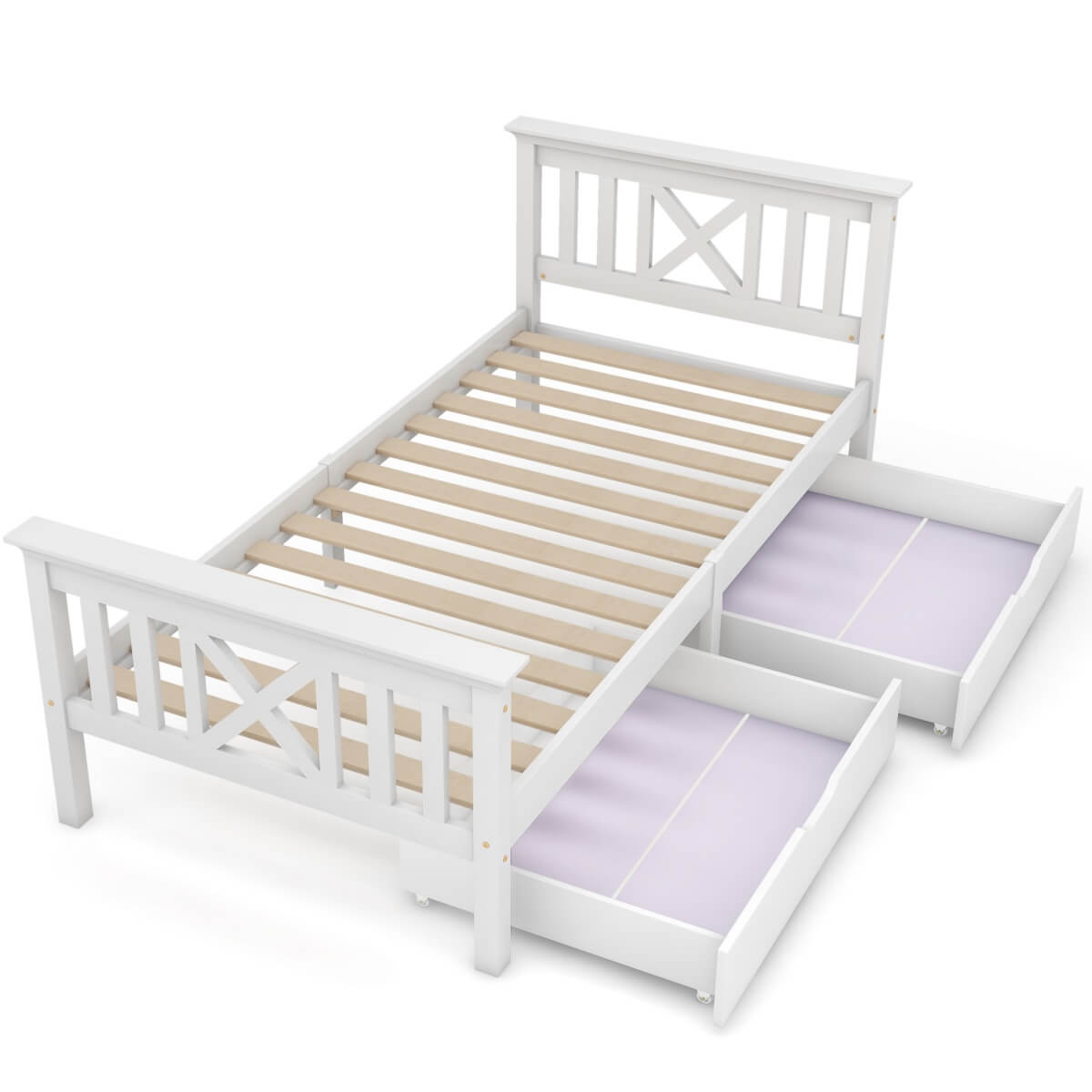 3ft Single Wooden Bed Frame with Storage Drawers - Solid Pine, White