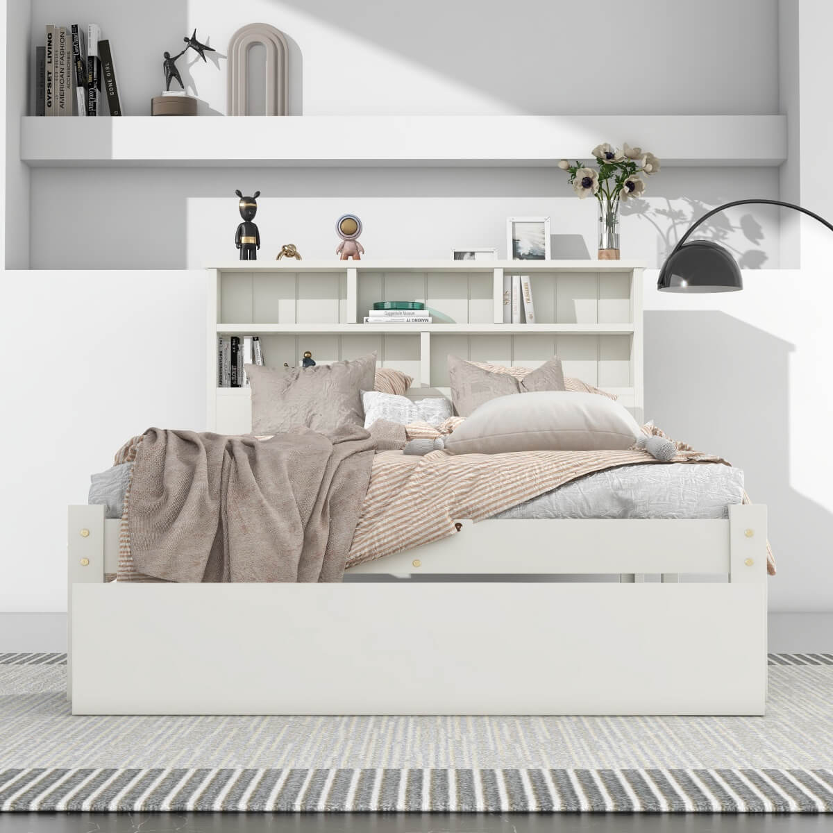 3FT Single Storage Bed with Shelves - White Wooden Bed Frame with Drawer