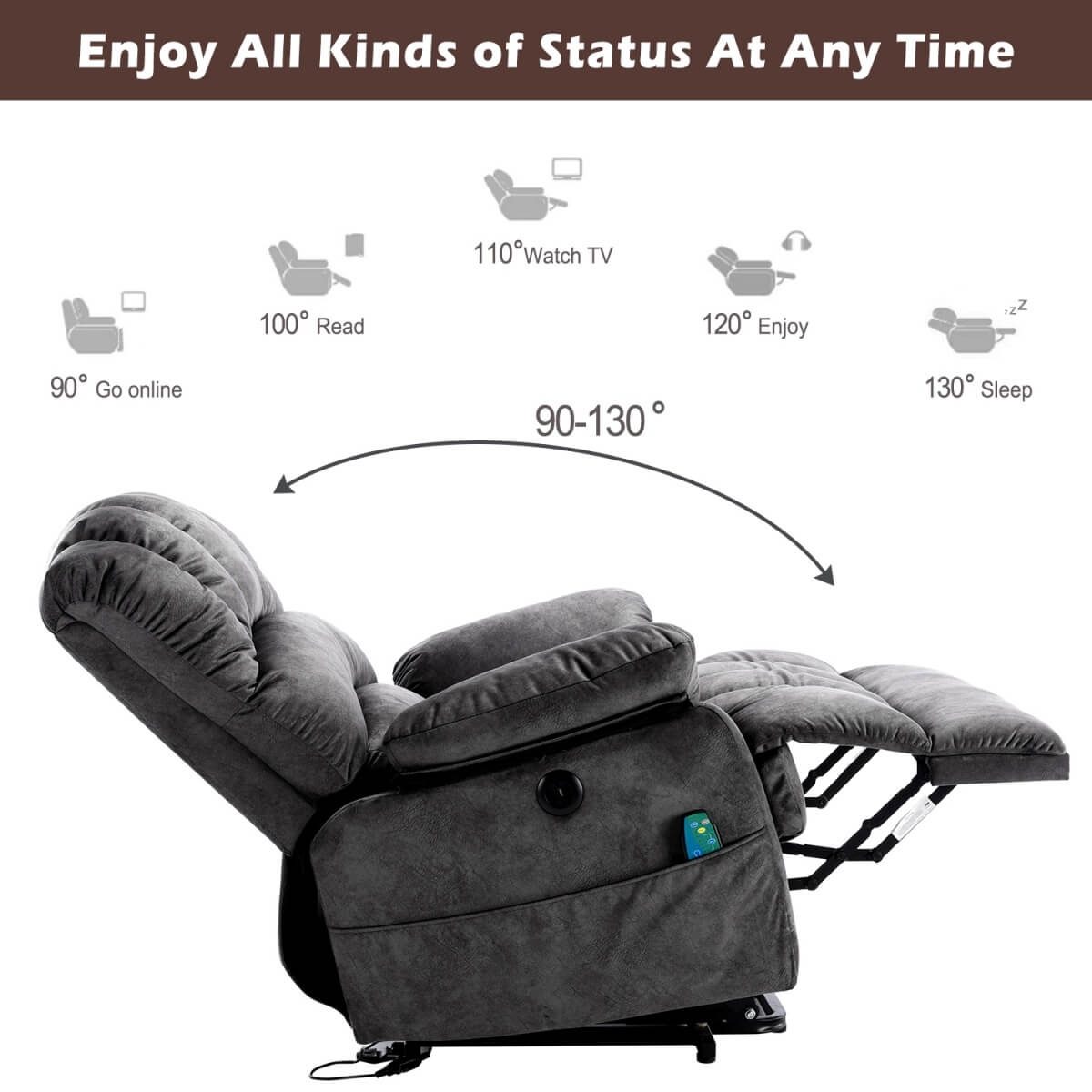 Electric Power Lift Recliner Chair - Massage and Heat, USB Ports, Side Pockets