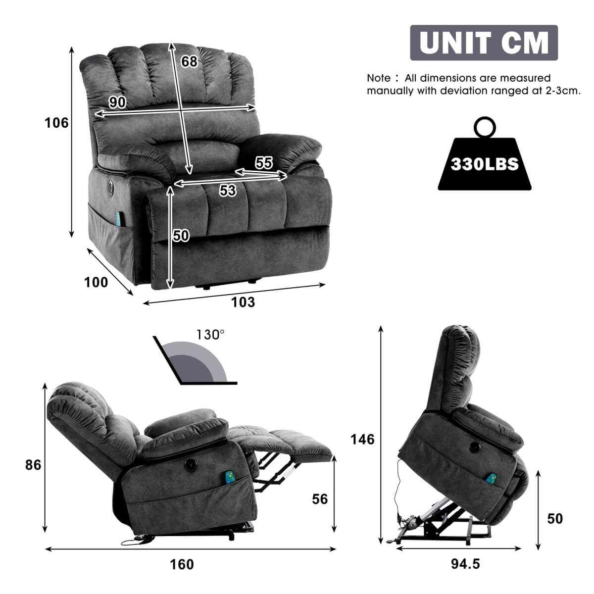 Electric Power Lift Recliner Chair - Massage and Heat, USB Ports, Side Pockets