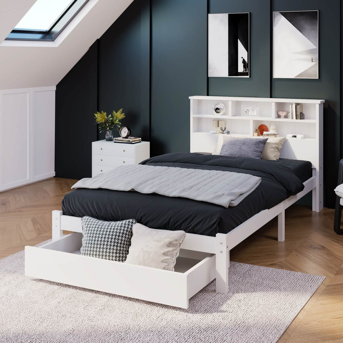 3FT Single Storage Bed a€?White Wooden Frame with Shelves & Drawer ...