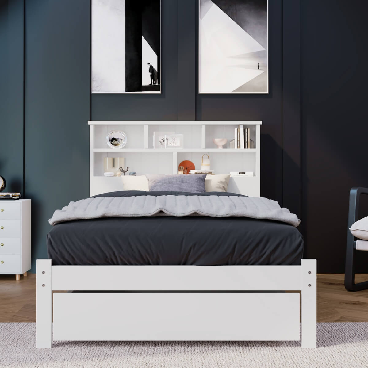 3FT Single Storage Bed with Shelves - White Wooden Bed Frame with Drawer