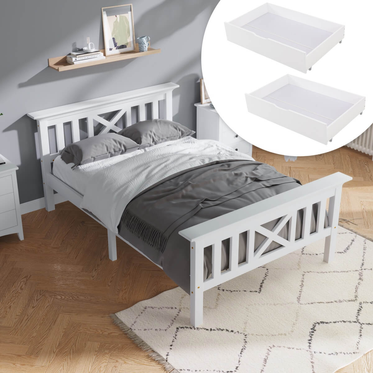 3ft Single Wooden Bed Frame with Storage Drawers - Solid Pine, White