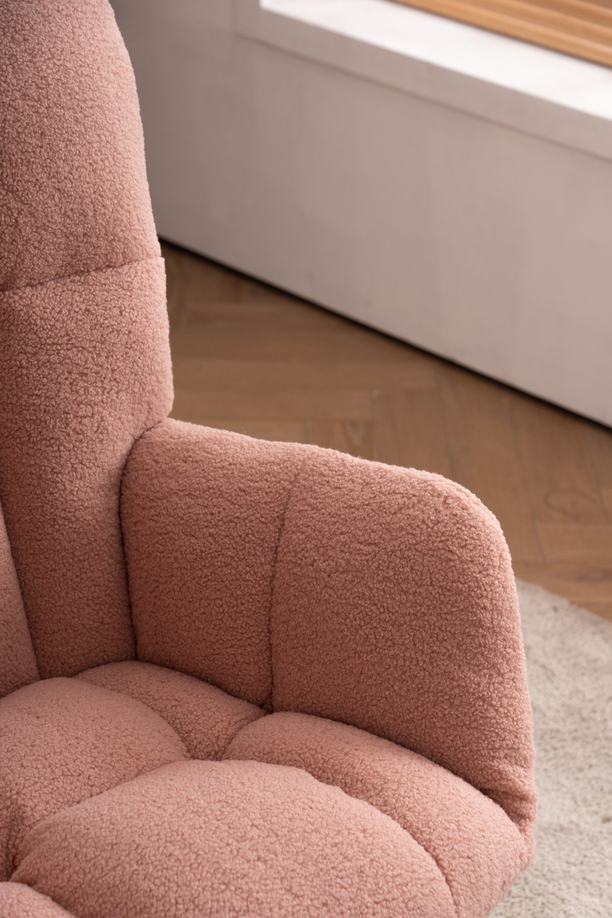 Mid Century Modern Rocking Chair, Teddy Fabric Tufted Upholstered, Padded Seat, Pink