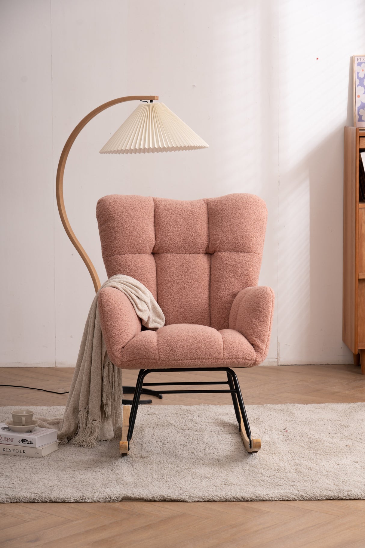 Mid Century Modern Rocking Chair, Teddy Fabric Tufted Upholstered, Padded Seat, Pink