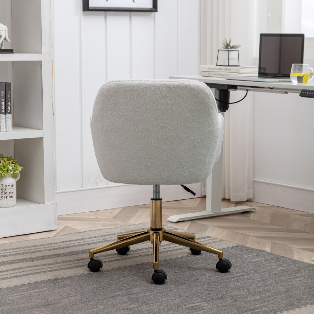 Teddy Fabric Office Chair - Adjustable Height Swivel Chair with Gold Legs, White