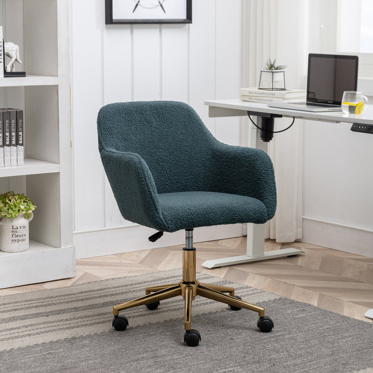 New Teddy Fabric Material Home Office Chair: Adjustable Height, Swivel, Gold Legs, Green