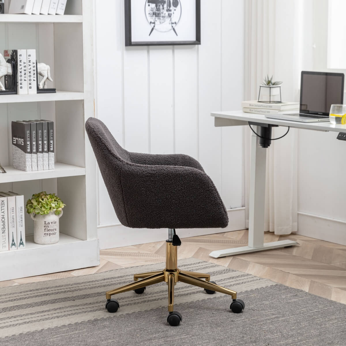Teddy Fabric Swivel Office Chair - Adjustable Height with Gold Legs, Dark Grey