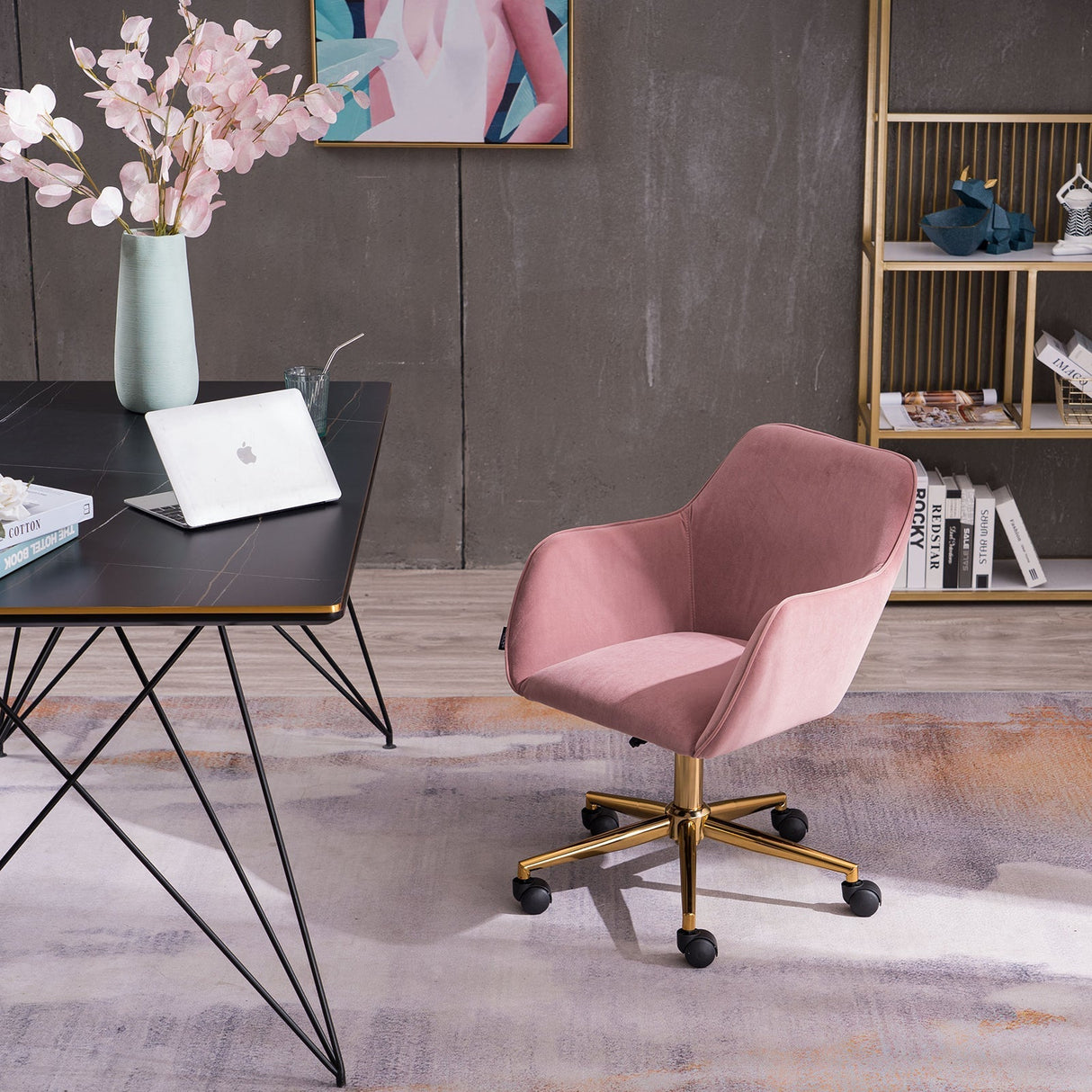 New Velvet Fabric Material Adjustable Height Swivel Home Office Chair For Indoor Office With Gold Legs, Pink