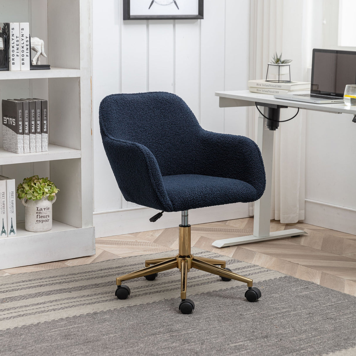 New Teddy Fabric Material Adjustable Height Swivel Home Office Chair, Dark Blue with Gold Legs