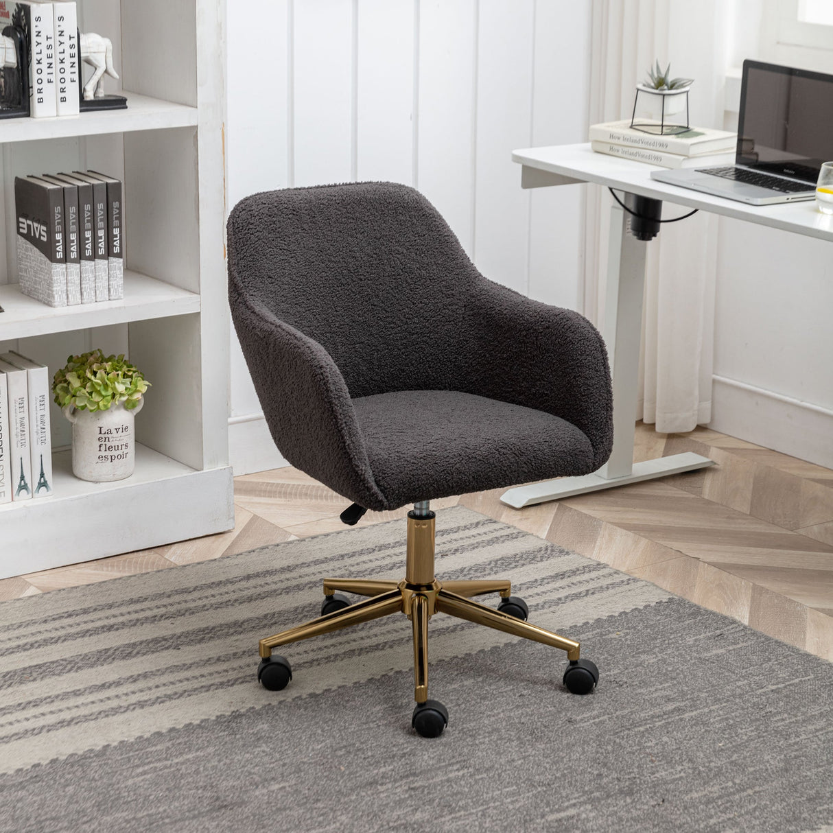 New Teddy Fabric Material Adjustable Height Swivel Home Office Chair with Gold Legs, Dark Gray