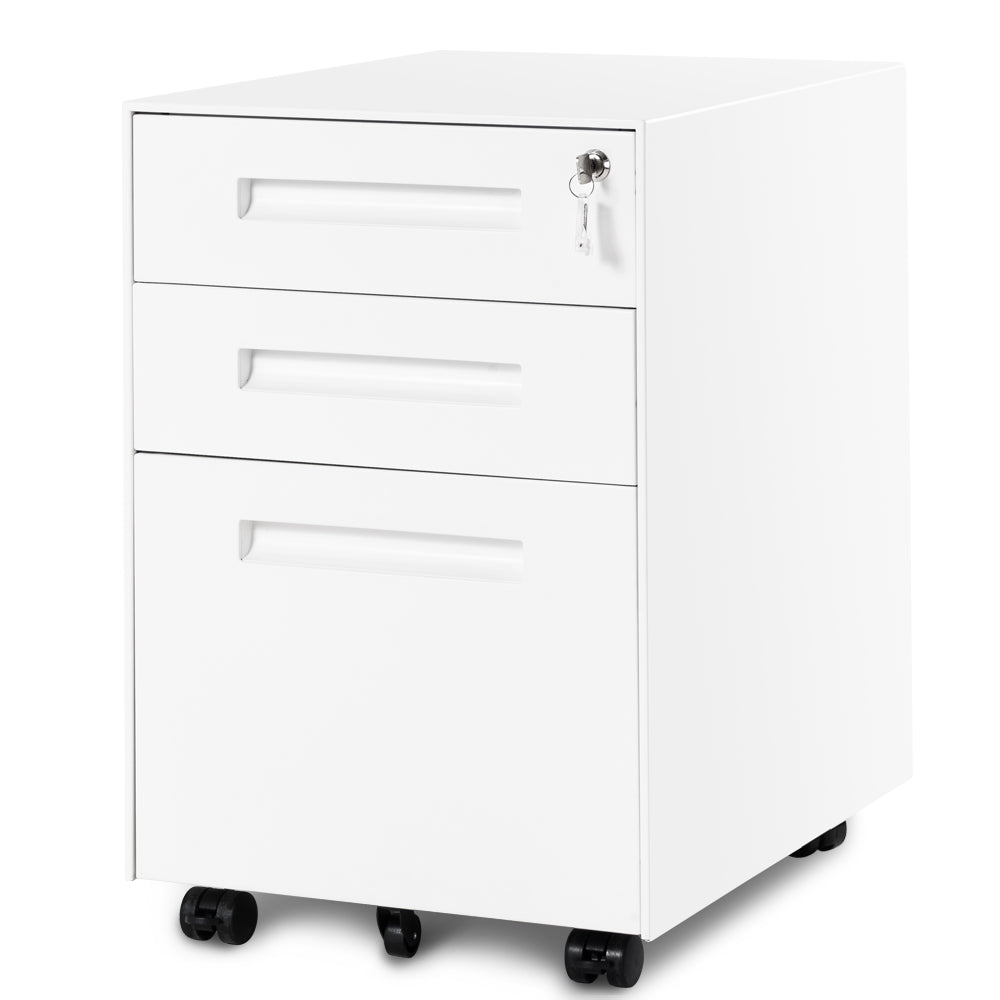 3 Drawer File Cabinet Filing Pedestal Metal Solid Mobile with Keys, Fully Assembled Except Casters (White)