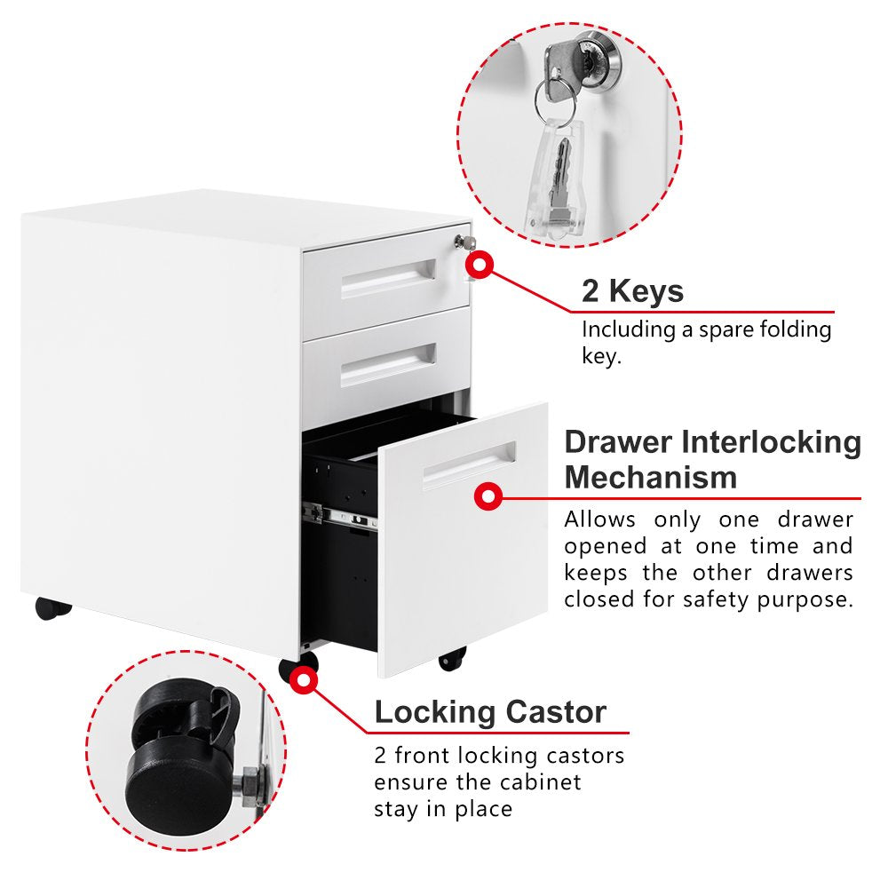 3 Drawer File Cabinet Filing Pedestal Metal Solid Mobile with Keys, Fully Assembled Except Casters (White)