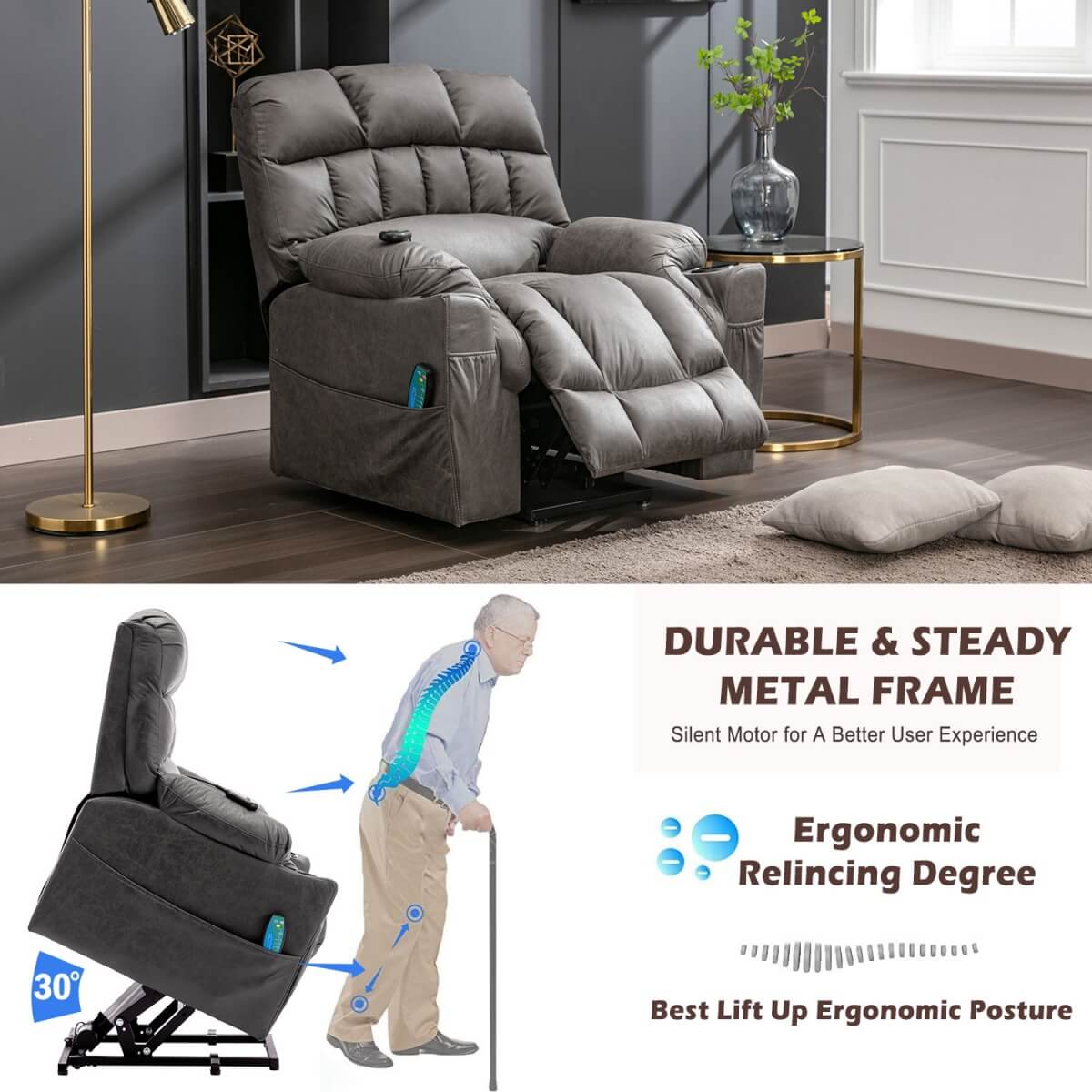 Electric Lift Recliner Chair for Elderly - Massage Chair with Cup Holders, Single Sofa