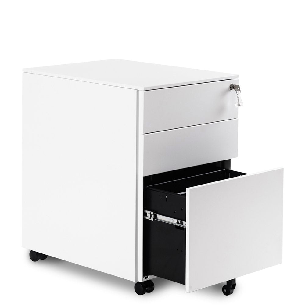Mobile File Cabinet 3 Drawers 5 Wheels Lockable Storage for A4 Metal Solid Pedestal with Keys