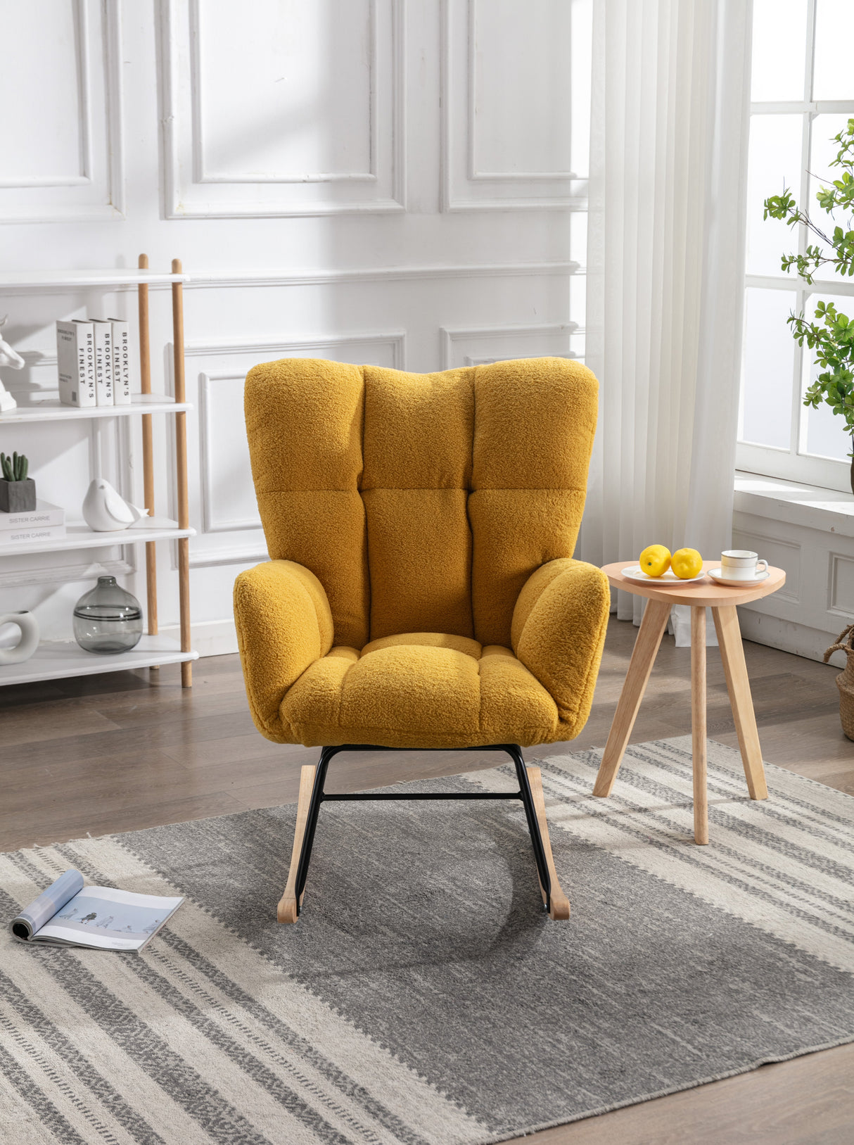 Mid Century Modern Rocking Chair, Teddy Fabric Tufted Upholstered, Padded Seat for Living Room Bedroom, Yellow