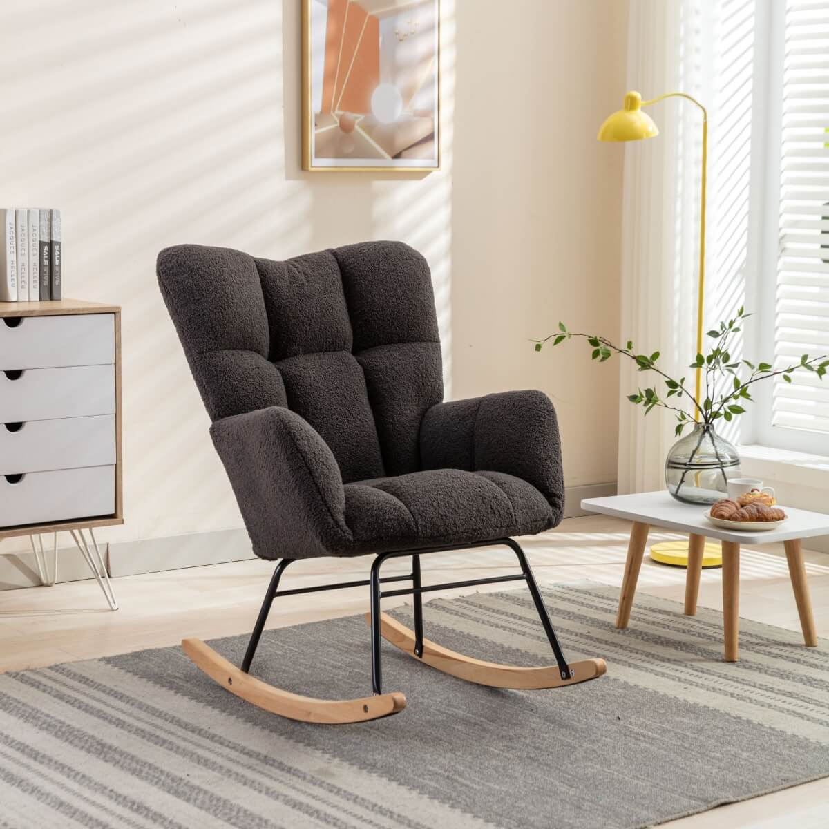 Teddy Fabric Rocking Chair - Mid Century Modern, Tufted Upholstered, Dark Grey