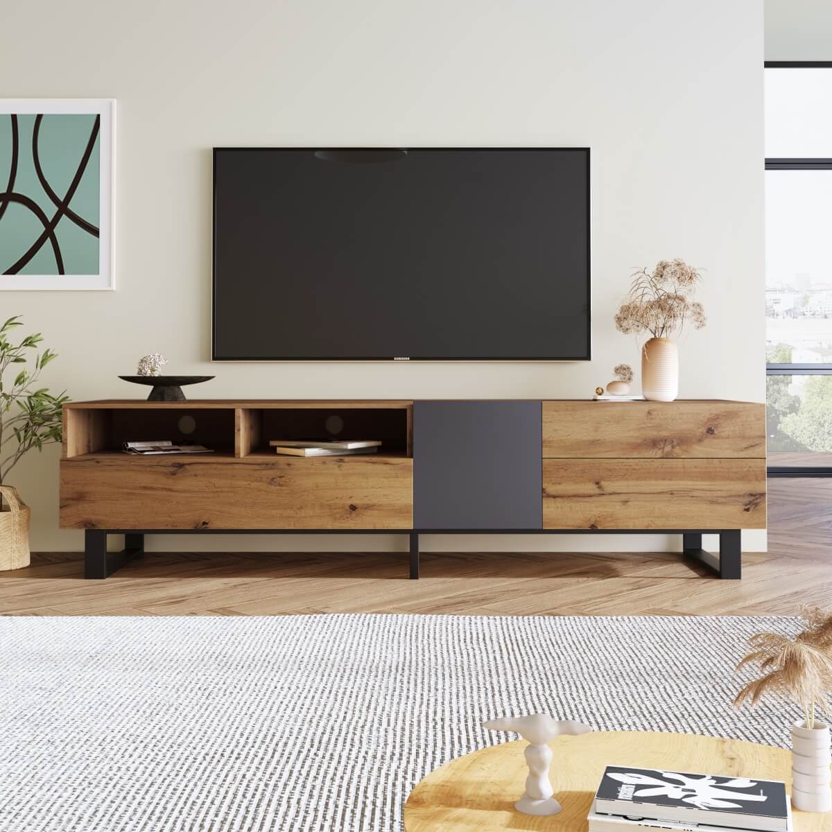 Modern TV Cabinet - 180cm Wood Grain TV Stand for Living Room