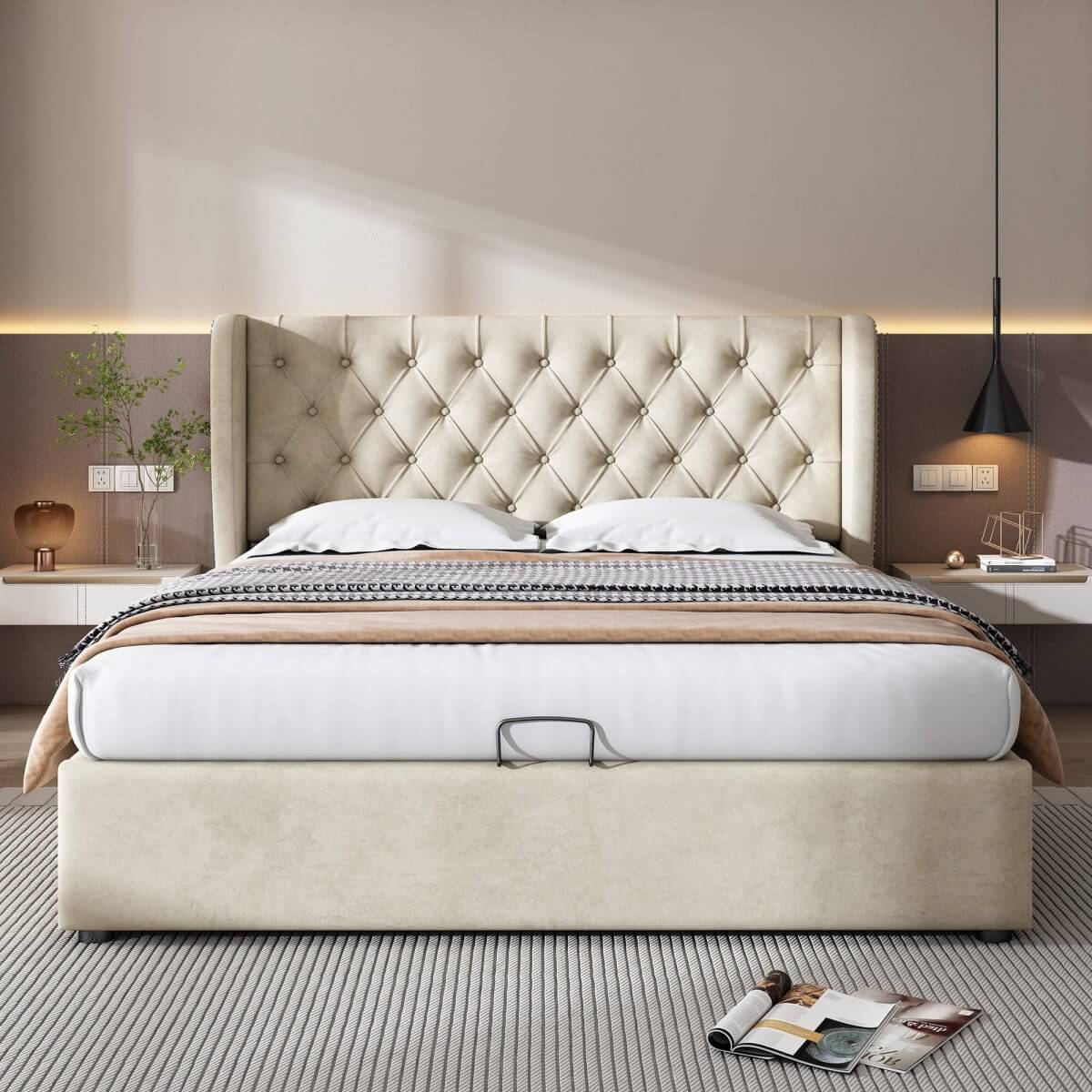 4ft6 Double Velvet Storage Bed with Hydraulic Lift - Upholstered Bed Frame, Beige