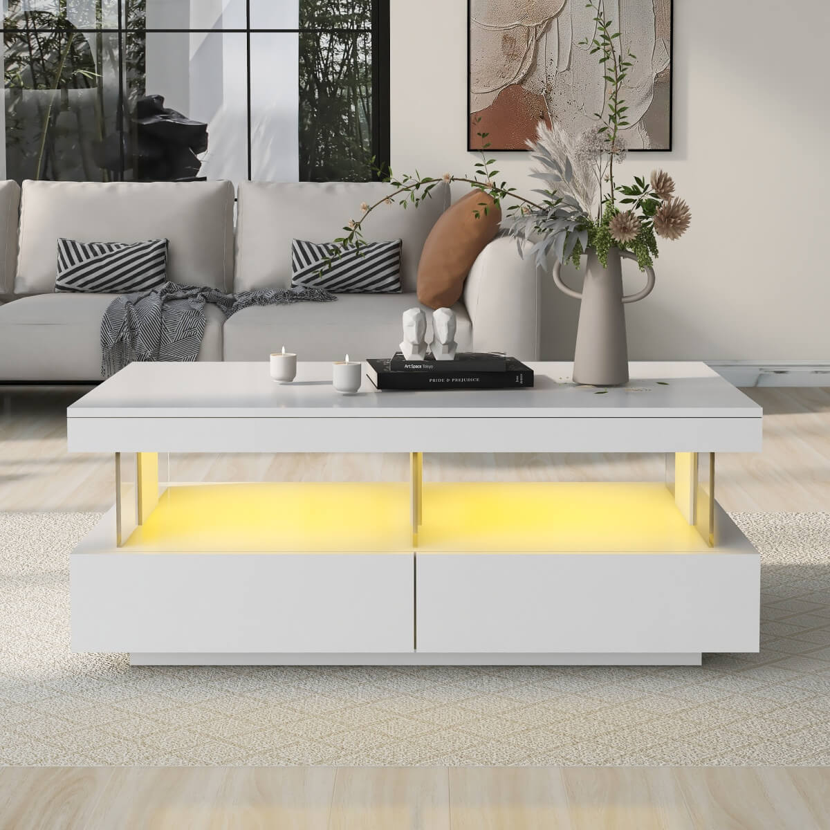 White High Gloss LED Coffee Table with 2 Drawers - Modern Storage Tea Table with 16 Colour Lights