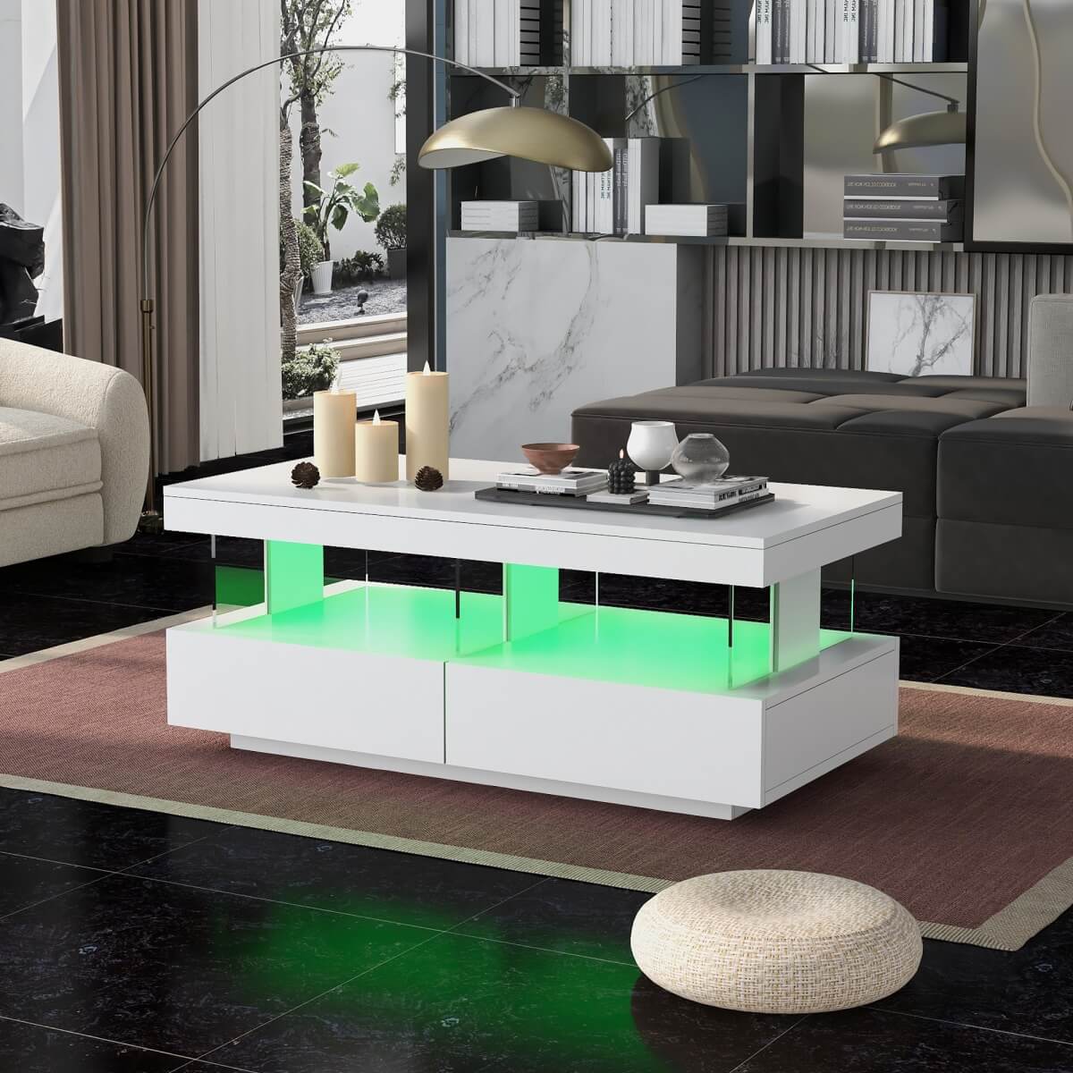 White High Gloss LED Coffee Table with 2 Drawers - Modern Storage Tea Table with 16 Colour Lights