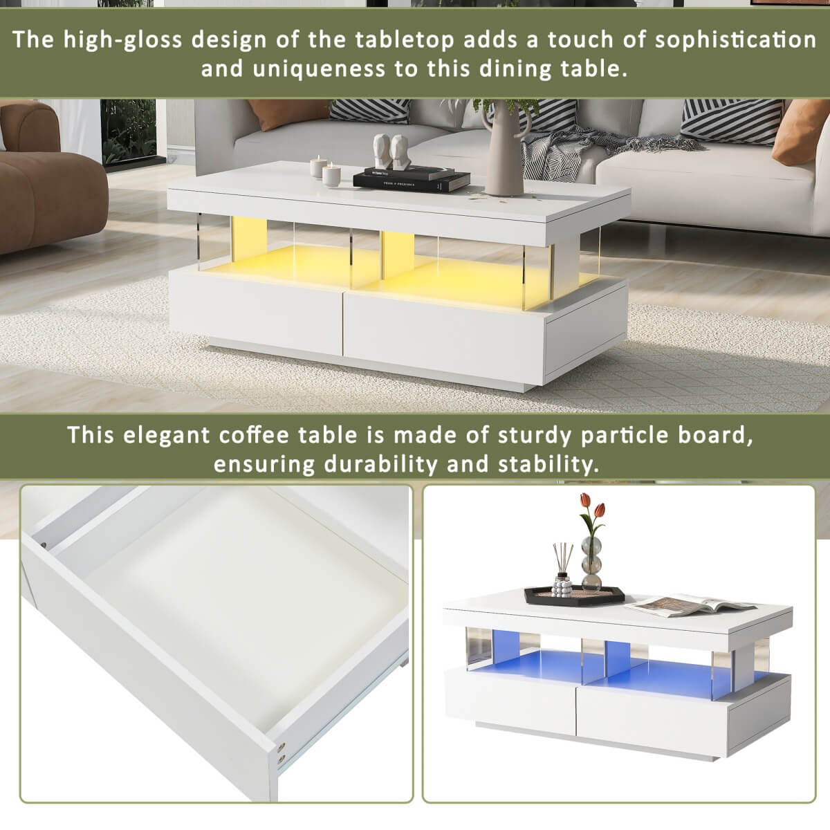 White High Gloss LED Coffee Table with 2 Drawers - Modern Storage Tea Table with 16 Colour Lights